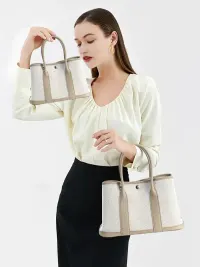 小众高级感女士真皮手提包 头层牛皮大容量帆布撞色花园托特包 4