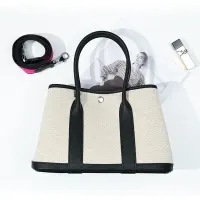 小众高级感女士真皮手提包 头层牛皮大容量帆布撞色花园托特包 15